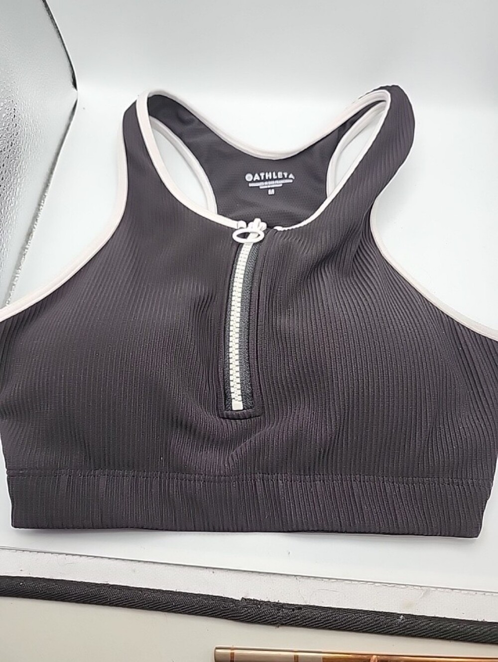 Athleta Ribbed Zip-Front Sports Bra in Charcoal with Cream Trim